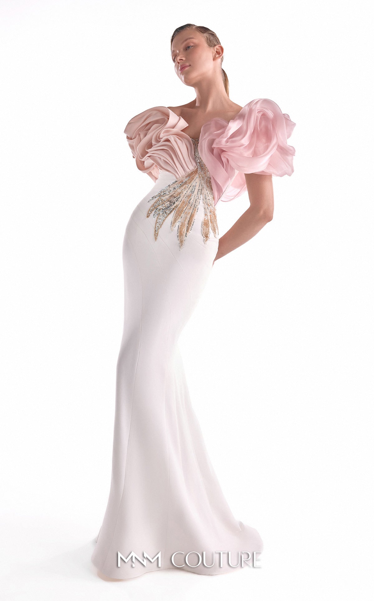 Off-Shoulder Mermaid Embellished Formal Gown by MNM Couture G2120 in Off White/Pink