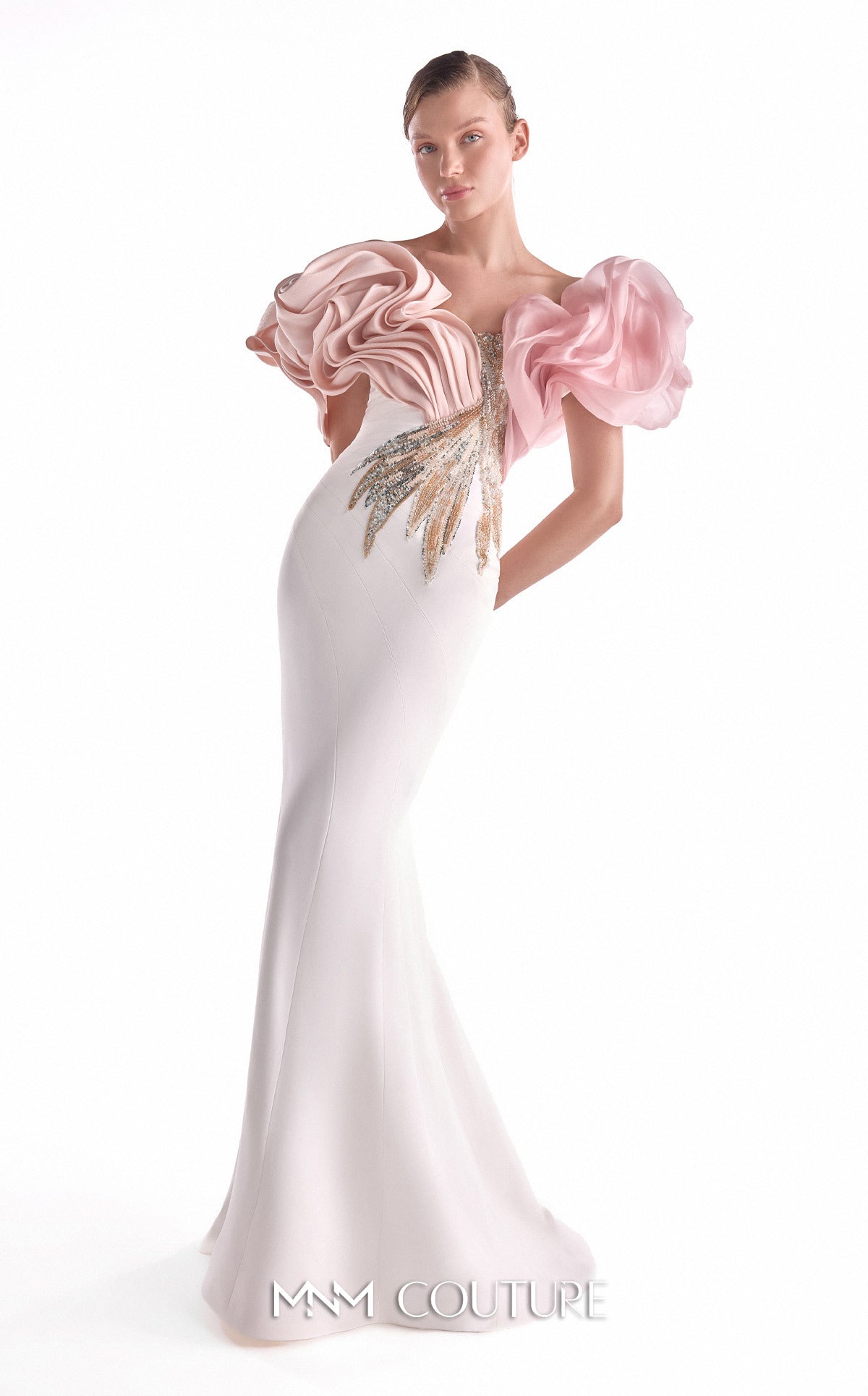 Off-Shoulder Mermaid Embellished Formal Gown by MNM Couture G2120 in Off White/Pink