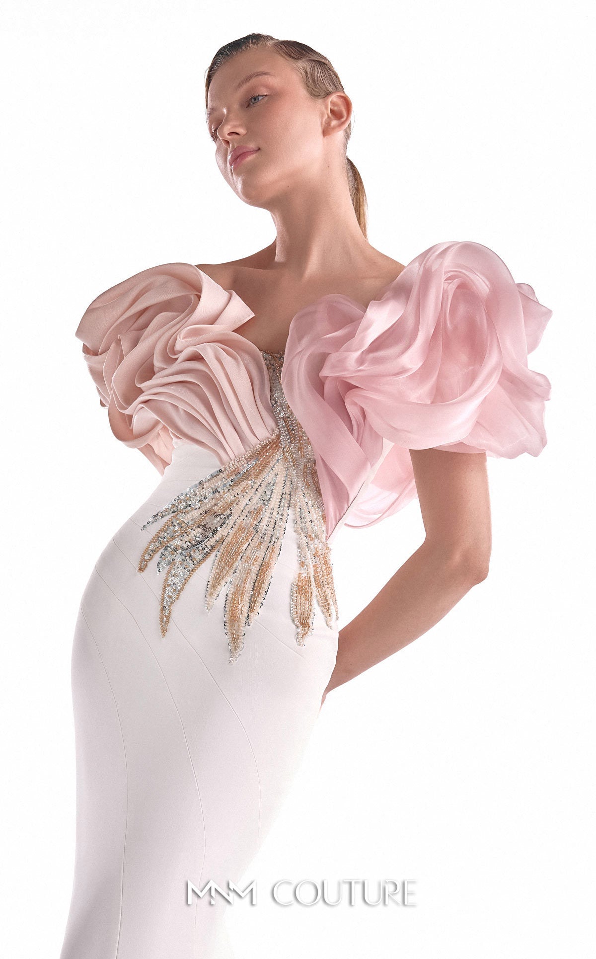 Off-Shoulder Mermaid Embellished Formal Gown by MNM Couture G2120 in Off White/Pink