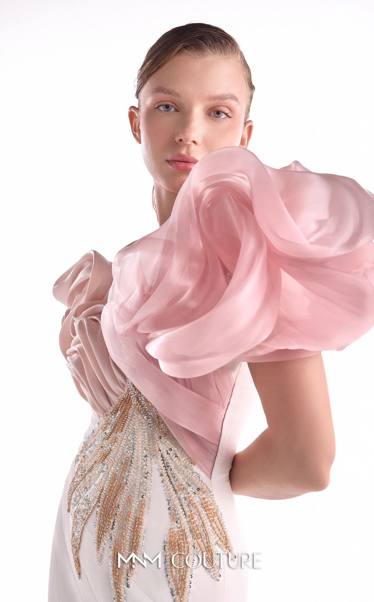 Off-Shoulder Mermaid Embellished Formal Gown by MNM Couture G2120 in Off White/Pink