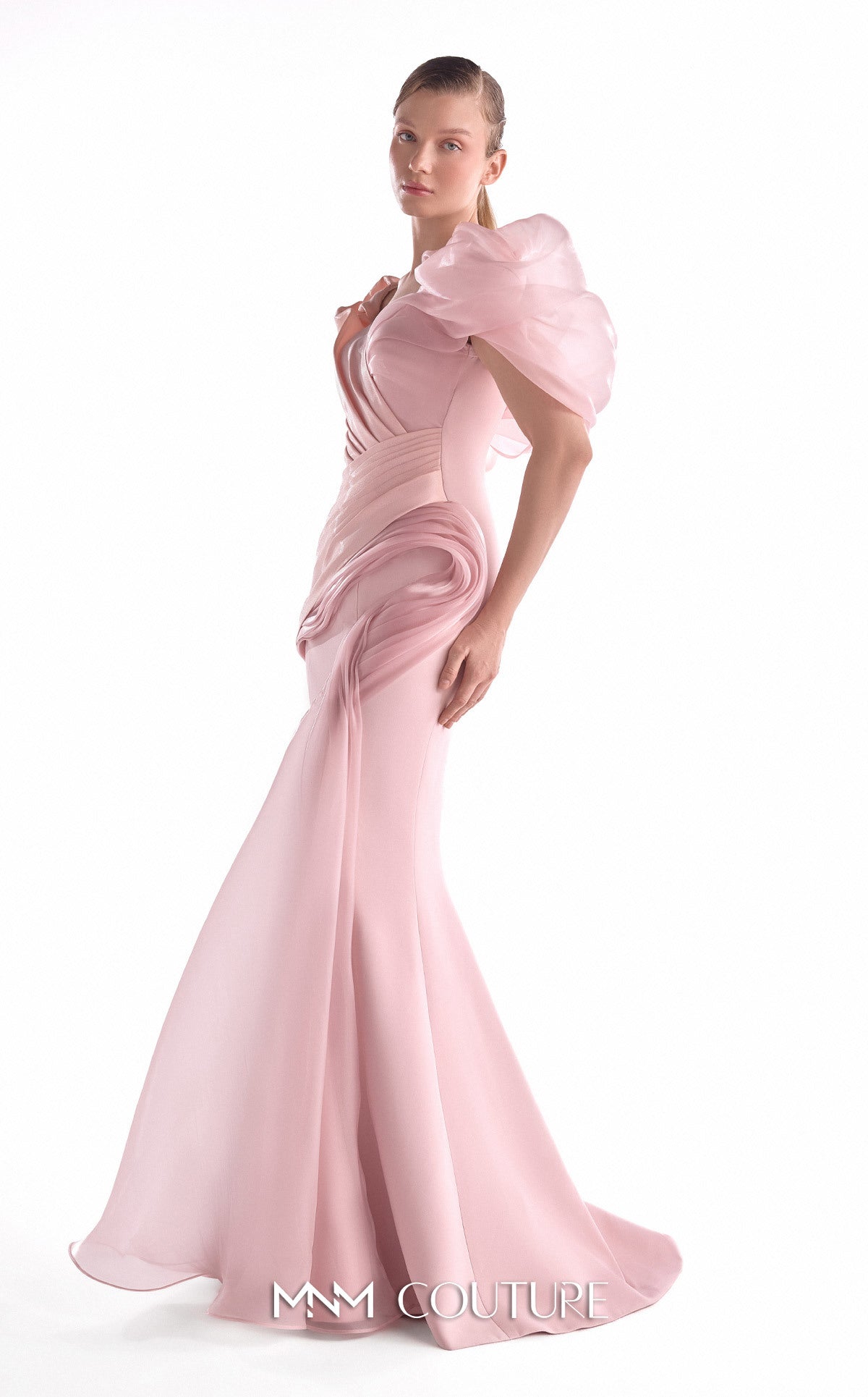 Off-Shoulder Draped Satin Evening Gown by MNM Couture G2125 in Salmon