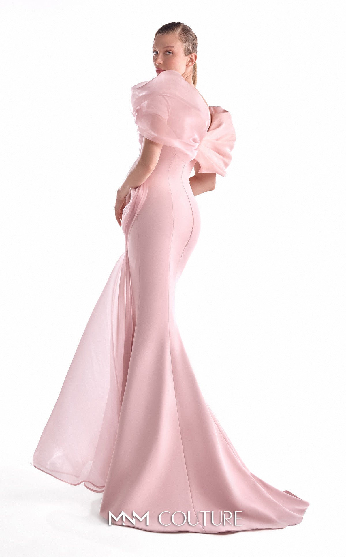 Off-Shoulder Draped Satin Evening Gown by MNM Couture G2125 in Salmon