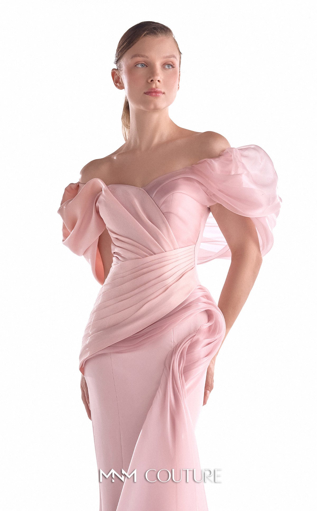 Off-Shoulder Draped Satin Evening Gown by MNM Couture G2125 in Salmon