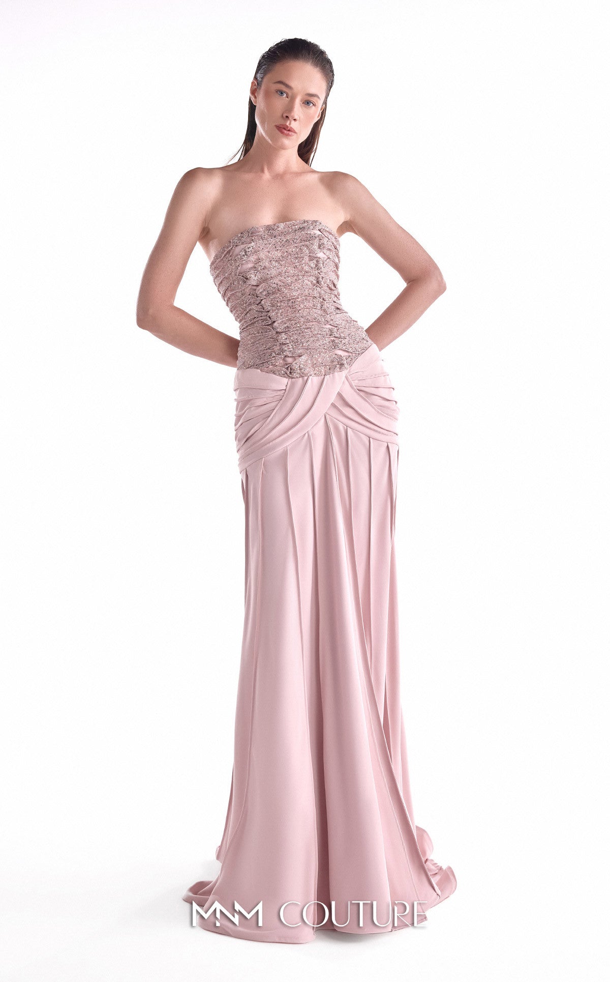 Strapless Long Embellished Evening Gown by MNM Couture G2129 in Dusty Rose