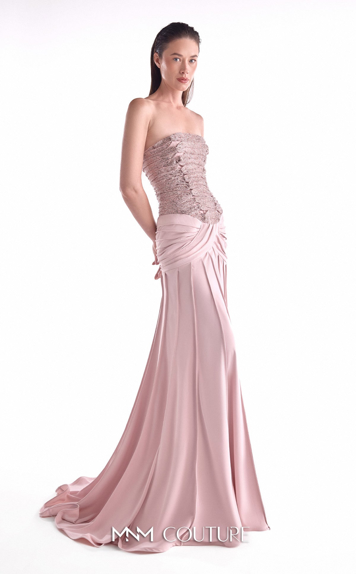 Strapless Long Embellished Evening Gown by MNM Couture G2129 in Dusty Rose