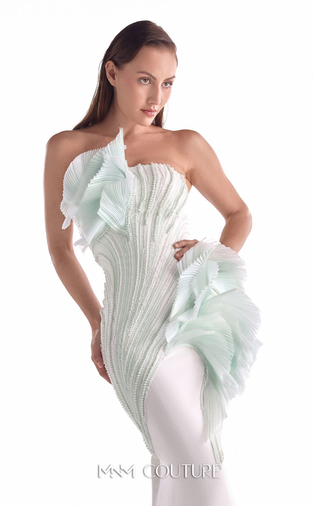 One-Shoulder Mermaid Tulle Prom Dress by MNM Couture G2135 in Mint