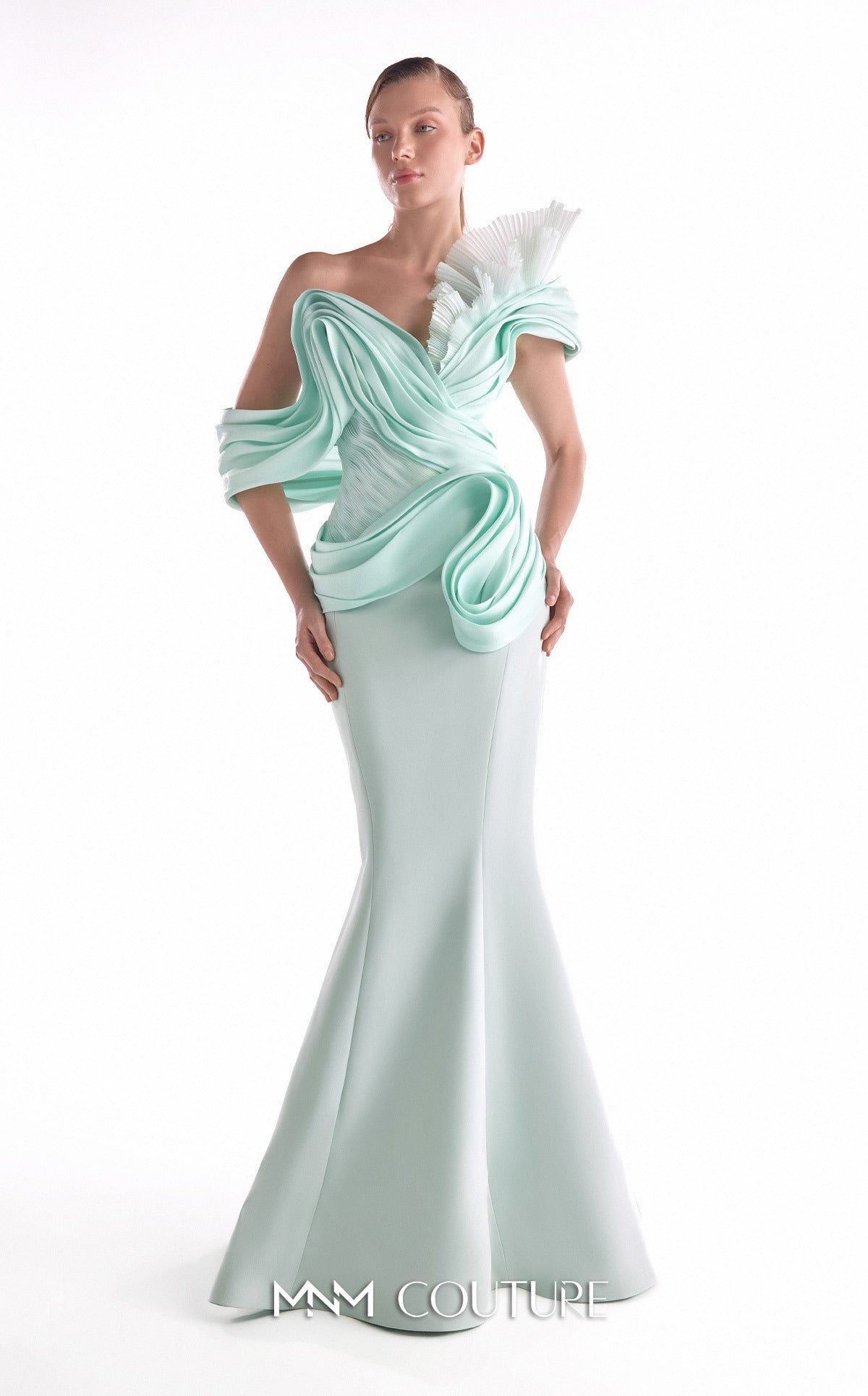 Off-Shoulder Mermaid Satin Evening Gown by MNM Couture G2136 in Mint