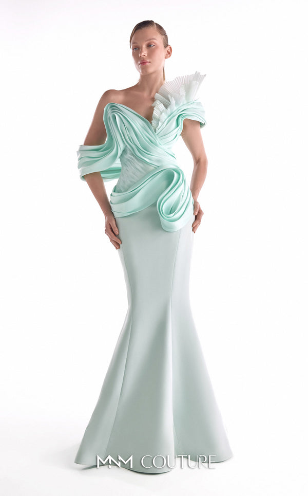 Off-Shoulder Mermaid Satin Evening Gown by MNM Couture G2136