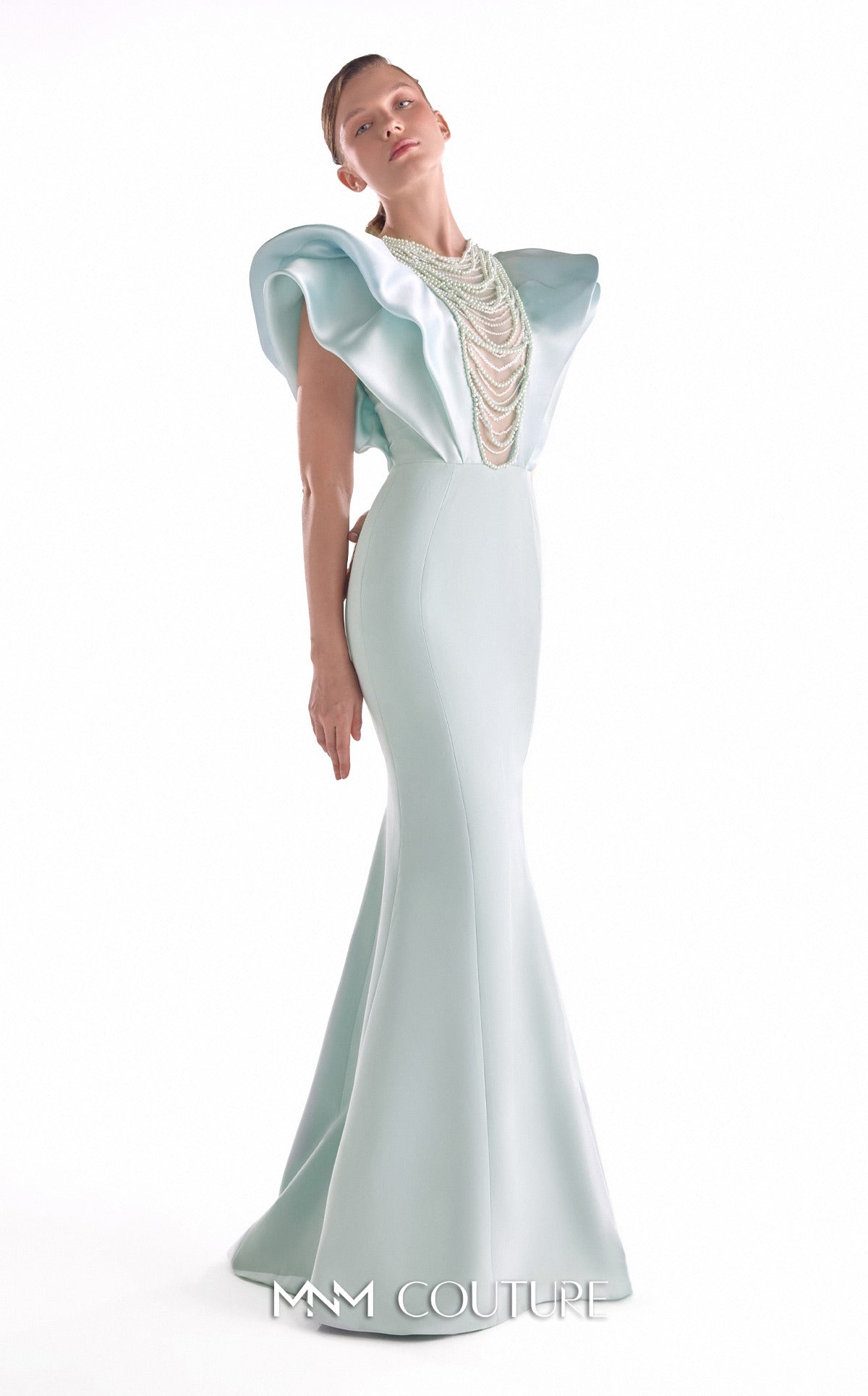 Jewel Neck Long Satin Formal Gown by MNM Couture G2138 in Mint