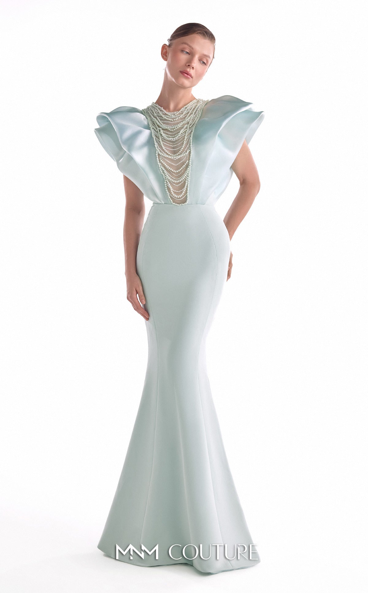 Jewel Neck Long Satin Formal Gown by MNM Couture G2138 in Mint