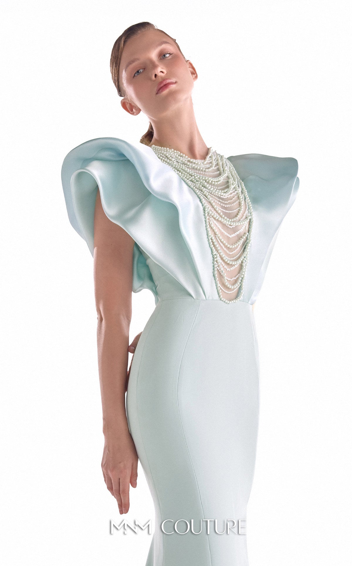 Jewel Neck Long Satin Formal Gown by MNM Couture G2138 in Mint