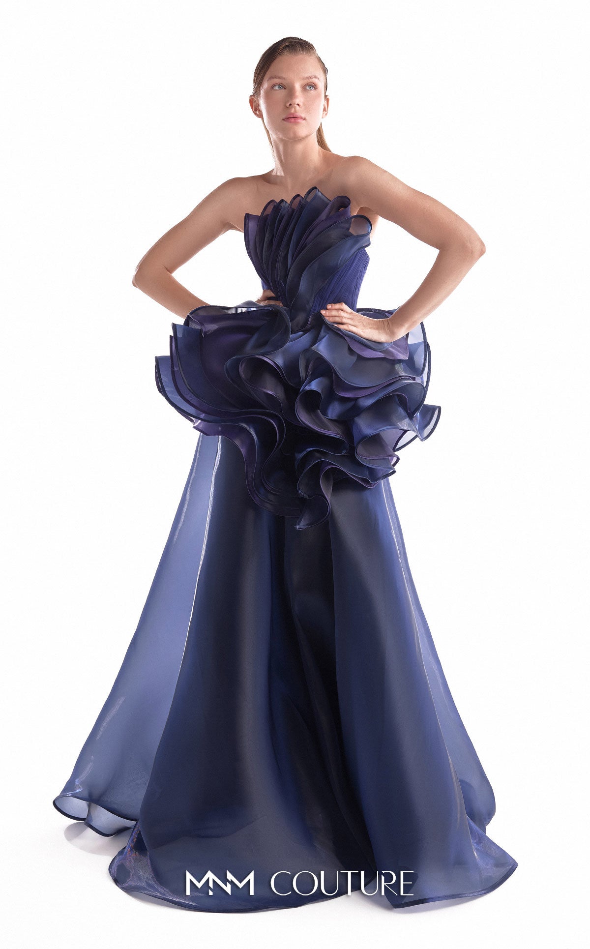 Strapless Curved Neck Floor-Length Organza Evening Ball Gown MNM Couture G2146