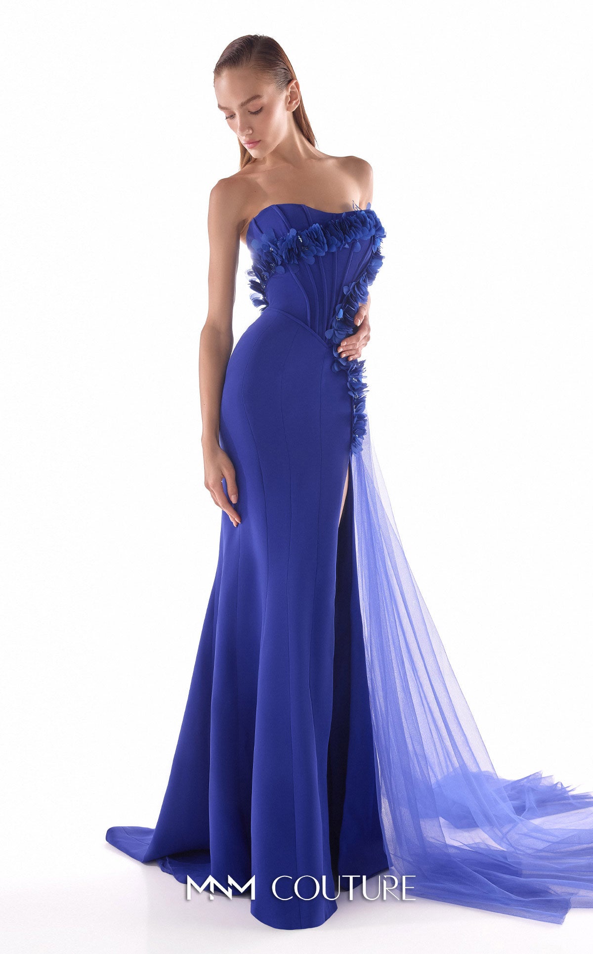 Strapless Gown with Ruffled Bodice by MNM Couture G2149 in Royal Blue