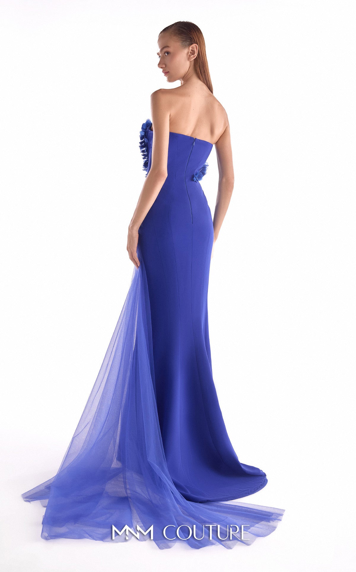 Strapless Gown with Ruffled Bodice by MNM Couture G2149 in Royal Blue