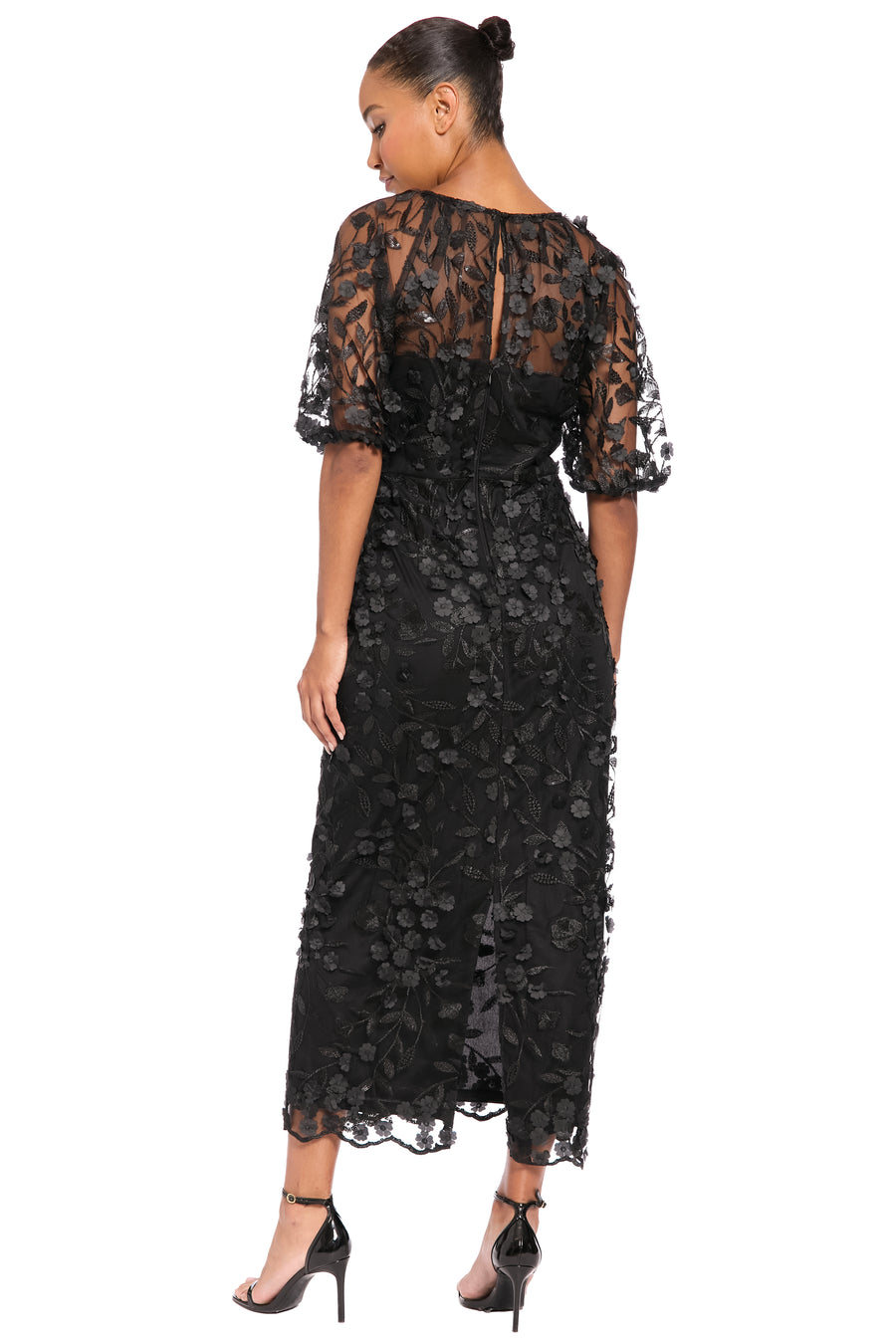 Floral Illusion Puff-Sleeve Midi Dress Maggy London G6009M