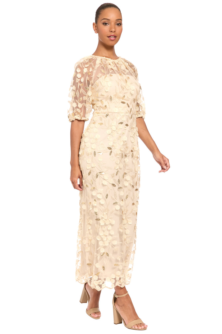 Floral Illusion Puff-Sleeve Midi Dress Maggy London G6009M