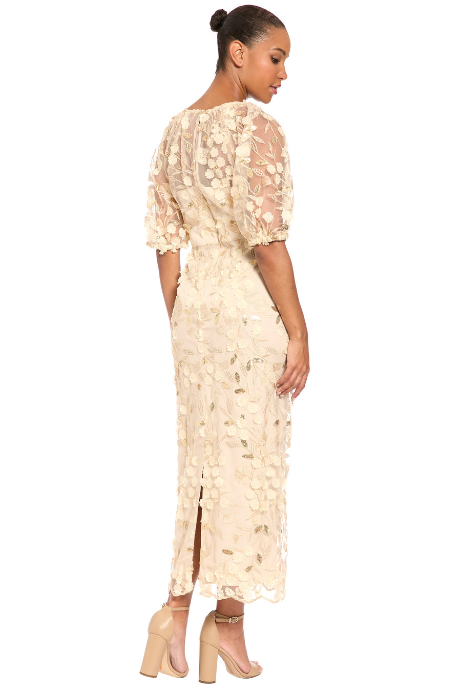 Floral Illusion Puff-Sleeve Midi Dress Maggy London G6009M