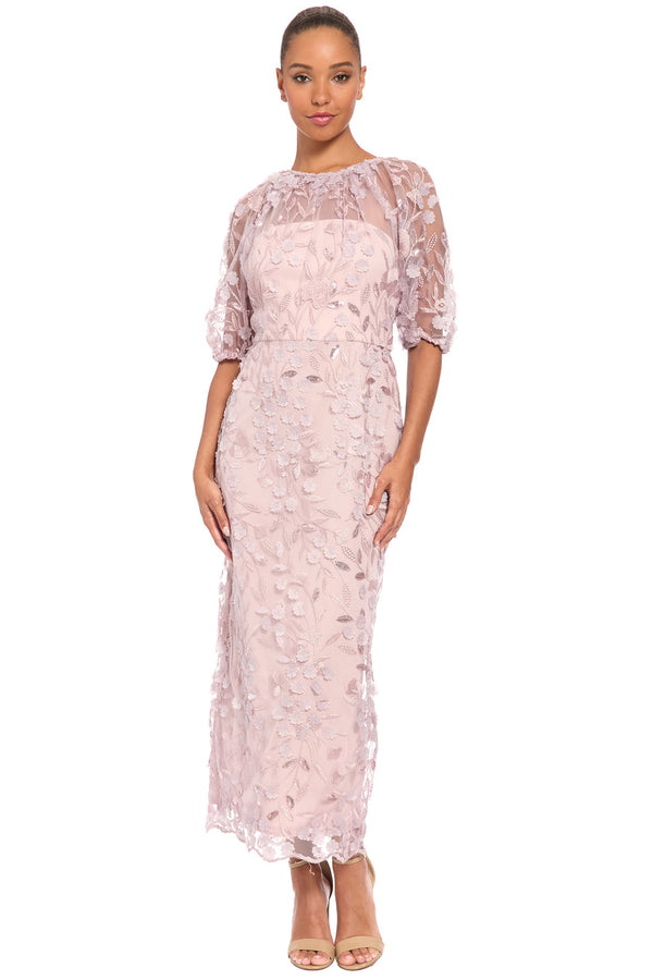 Floral Illusion Puff-Sleeve Midi Dress Maggy London G6009M