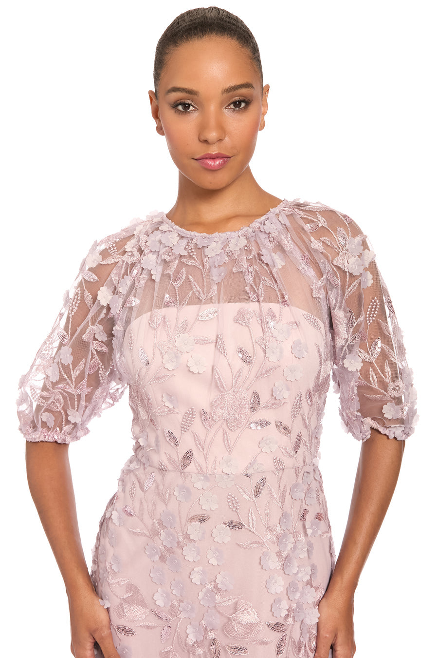 Floral Illusion Puff-Sleeve Midi Dress Maggy London G6009M