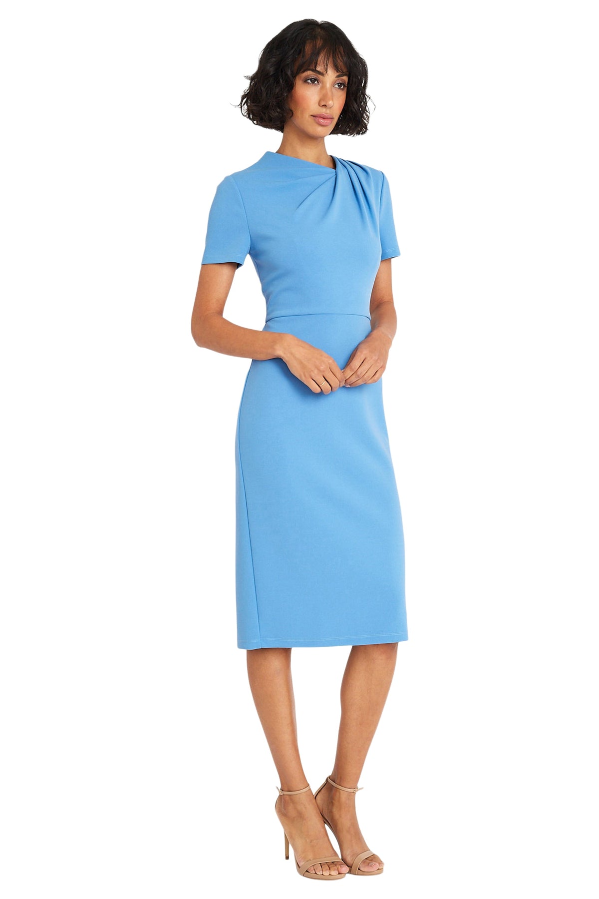 Maggy London Pleated Neck Short Sleeve Crepe Sheath Dress G6124M