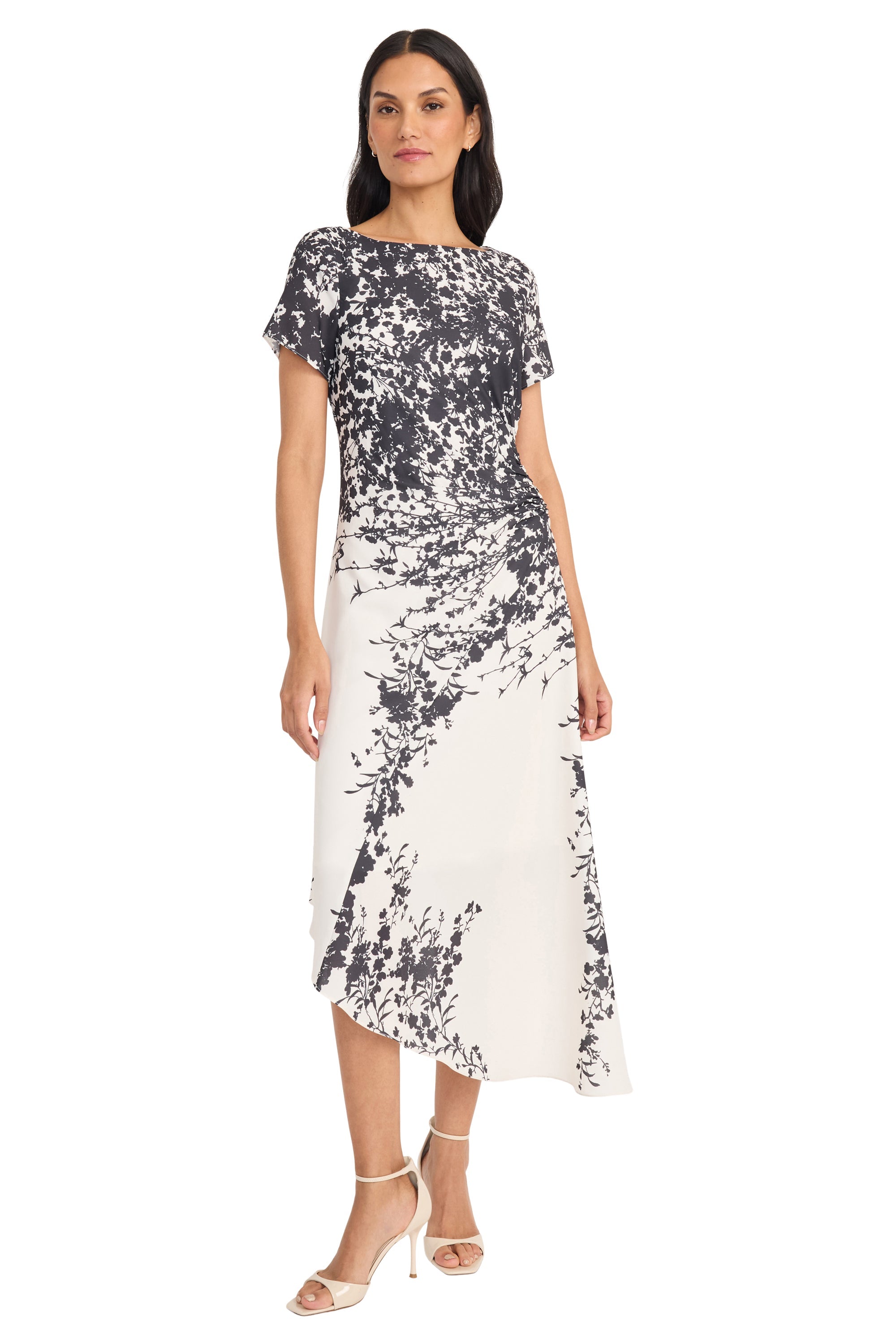 Maggy London Printed Georgette Asymmetric Hem Short Sleeve Midi Dress G6370M