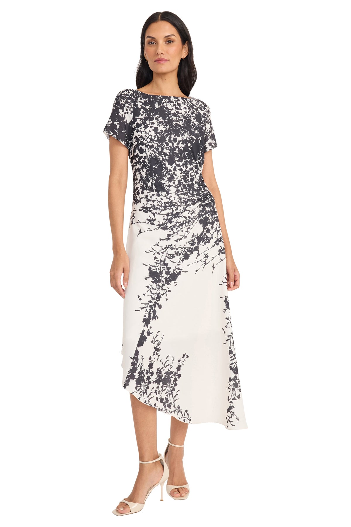 Maggy London Printed Georgette Asymmetric Hem Short Sleeve Midi Dress G6370M
