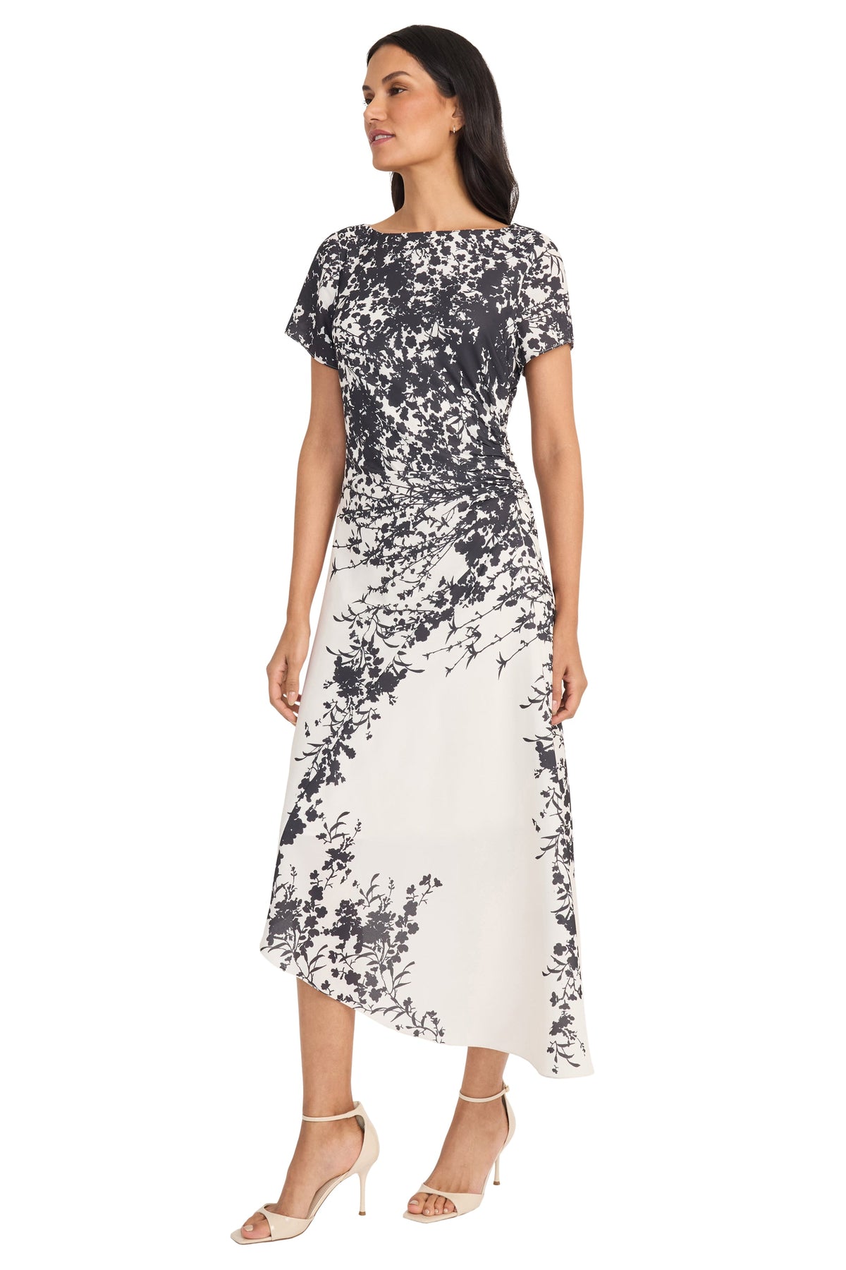 Maggy London Printed Georgette Asymmetric Hem Short Sleeve Midi Dress G6370M