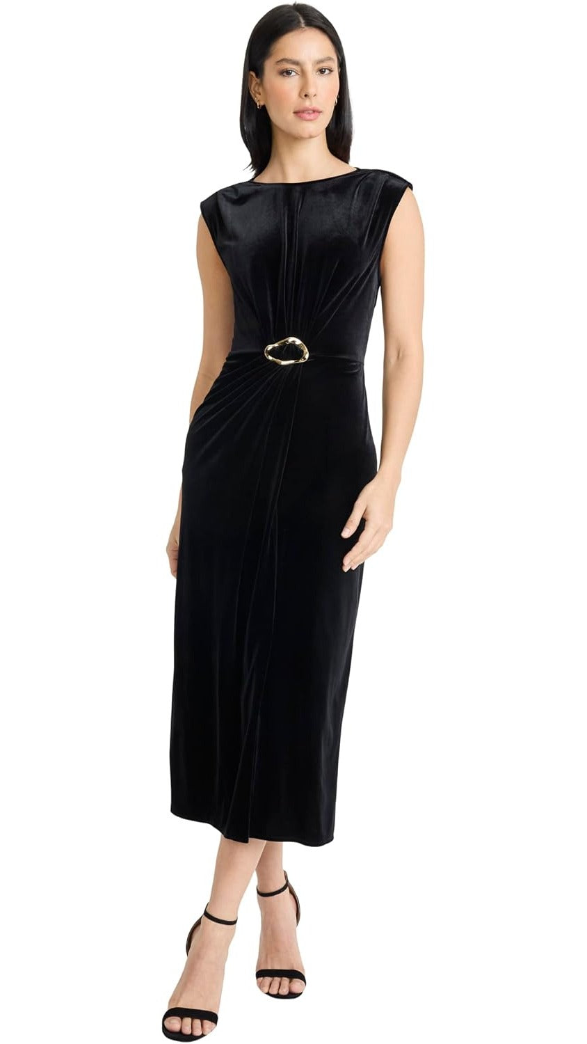 Maggy London Velvet Side Ruched Sleeveless Midi Dress G6920M