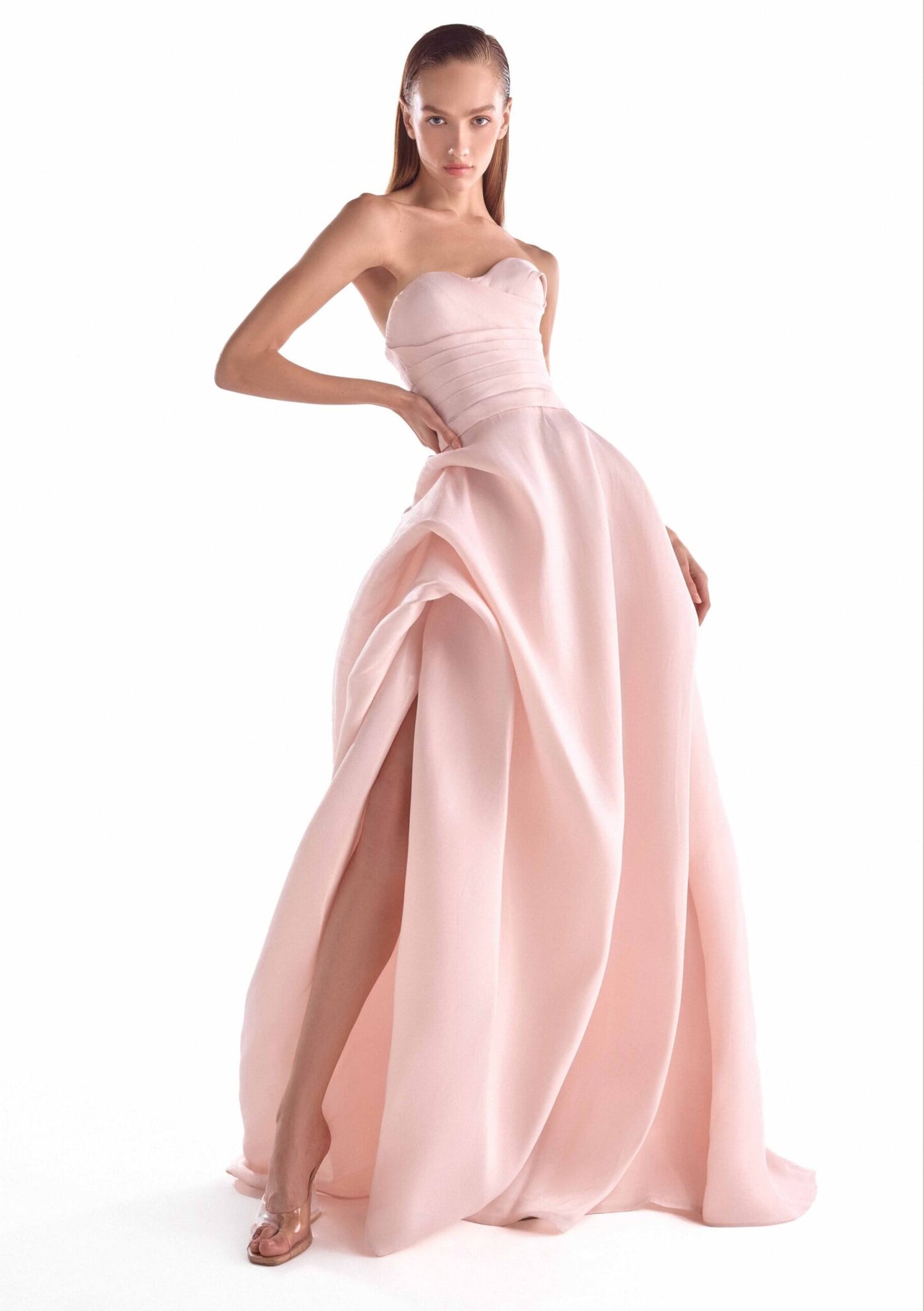 Strapless Curved Neck Floor-Length Satin Formal A-Line MNM Couture G2121