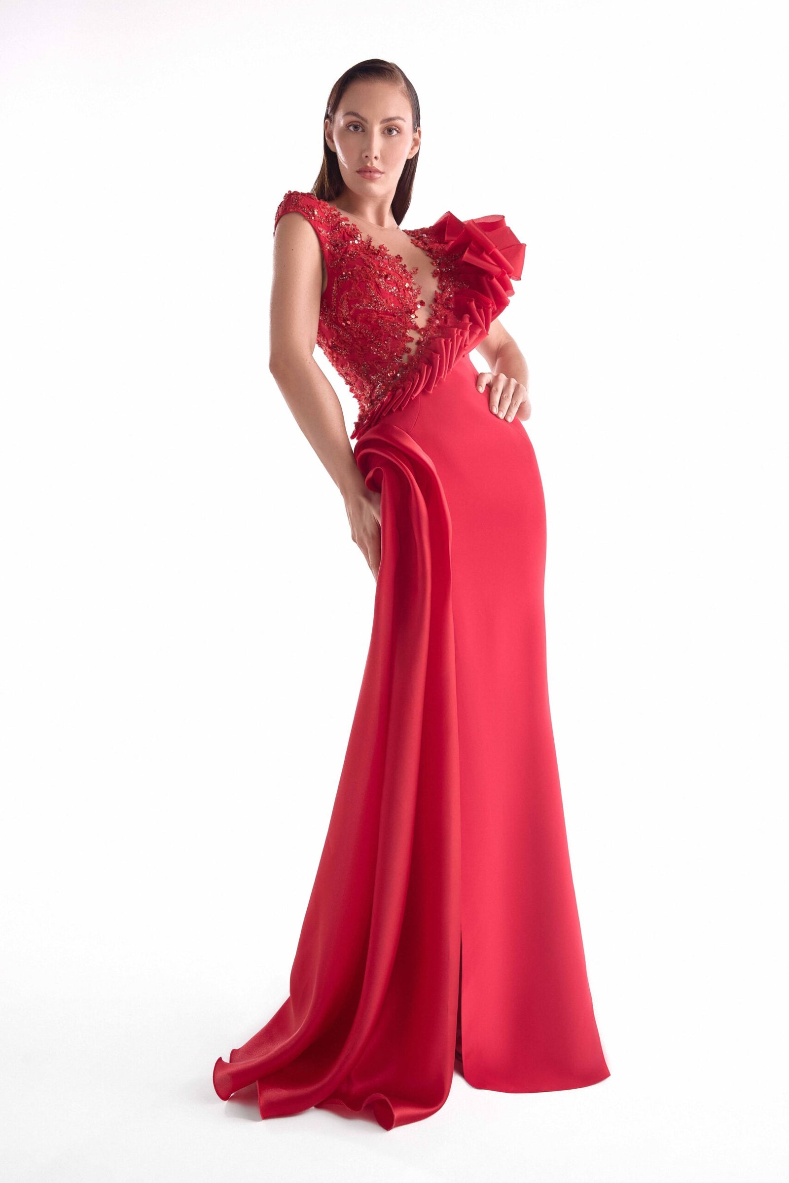 Illusion Floor-Length Crepe Evening Sheath MNM Couture G2134