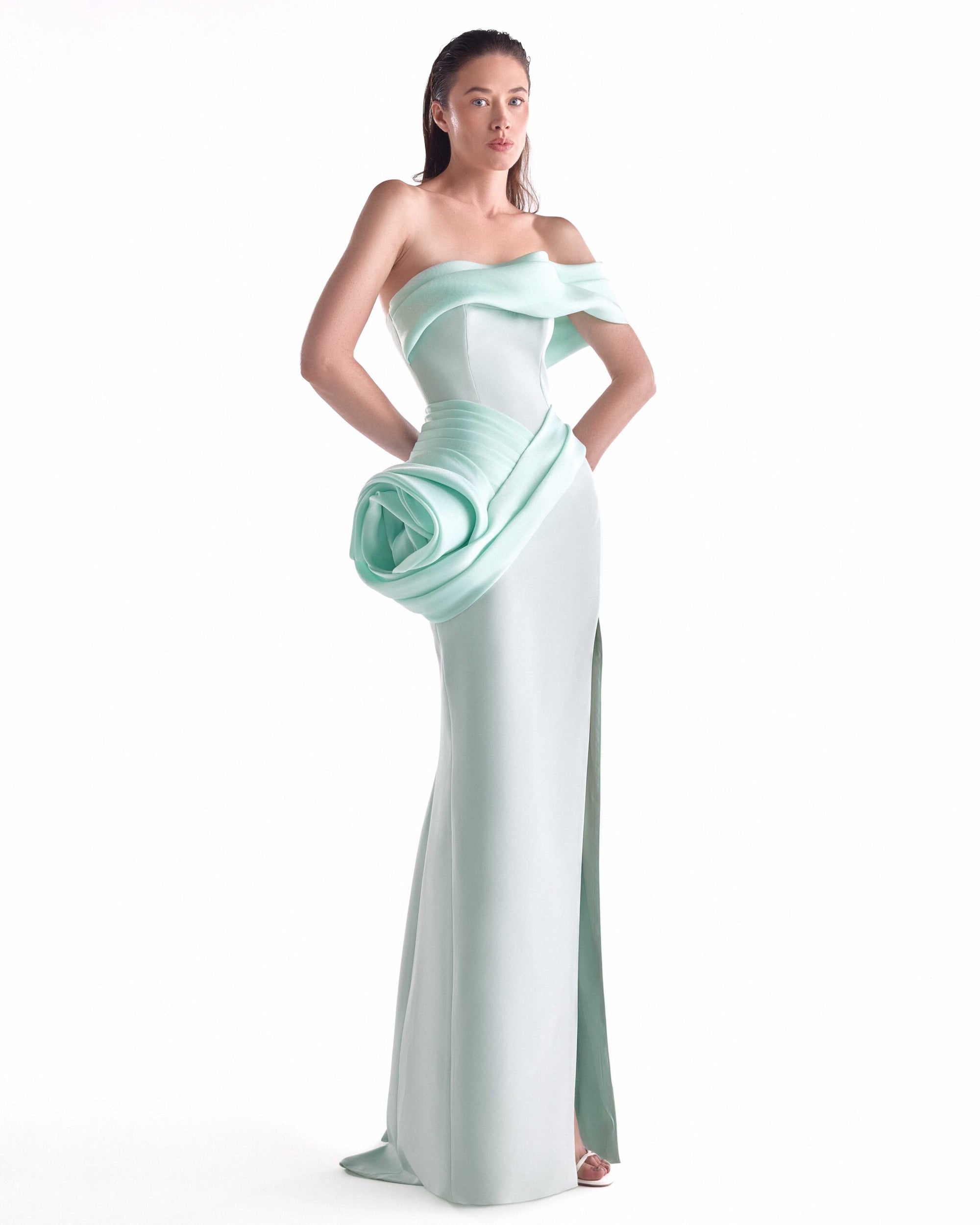 Strapless Curved Neck Floor-Length Satin Formal Sheath/Column MNM Couture G2137