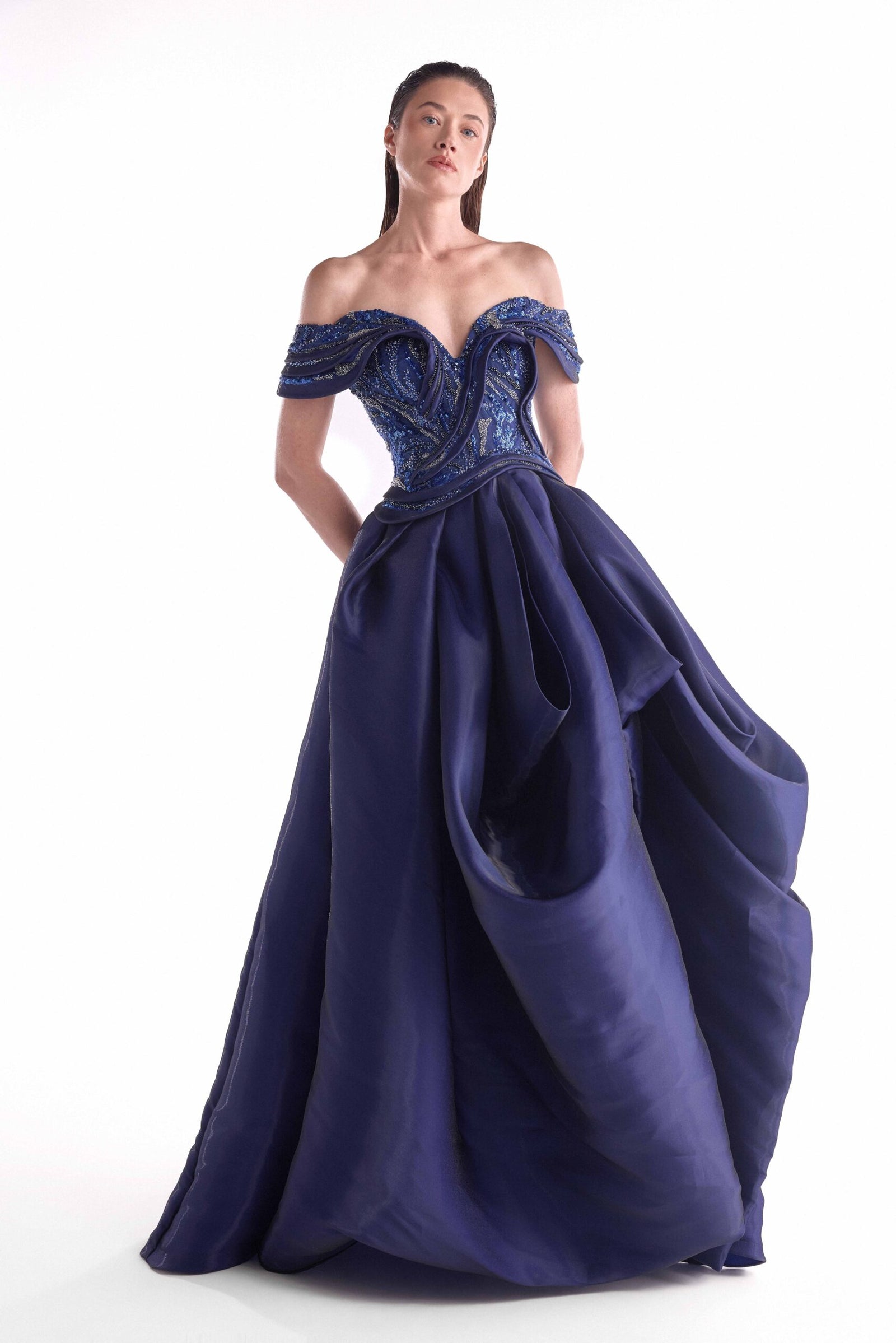Off-the-Shoulder Floor-Length Satin Formal Ball Gown MNM Couture G2147