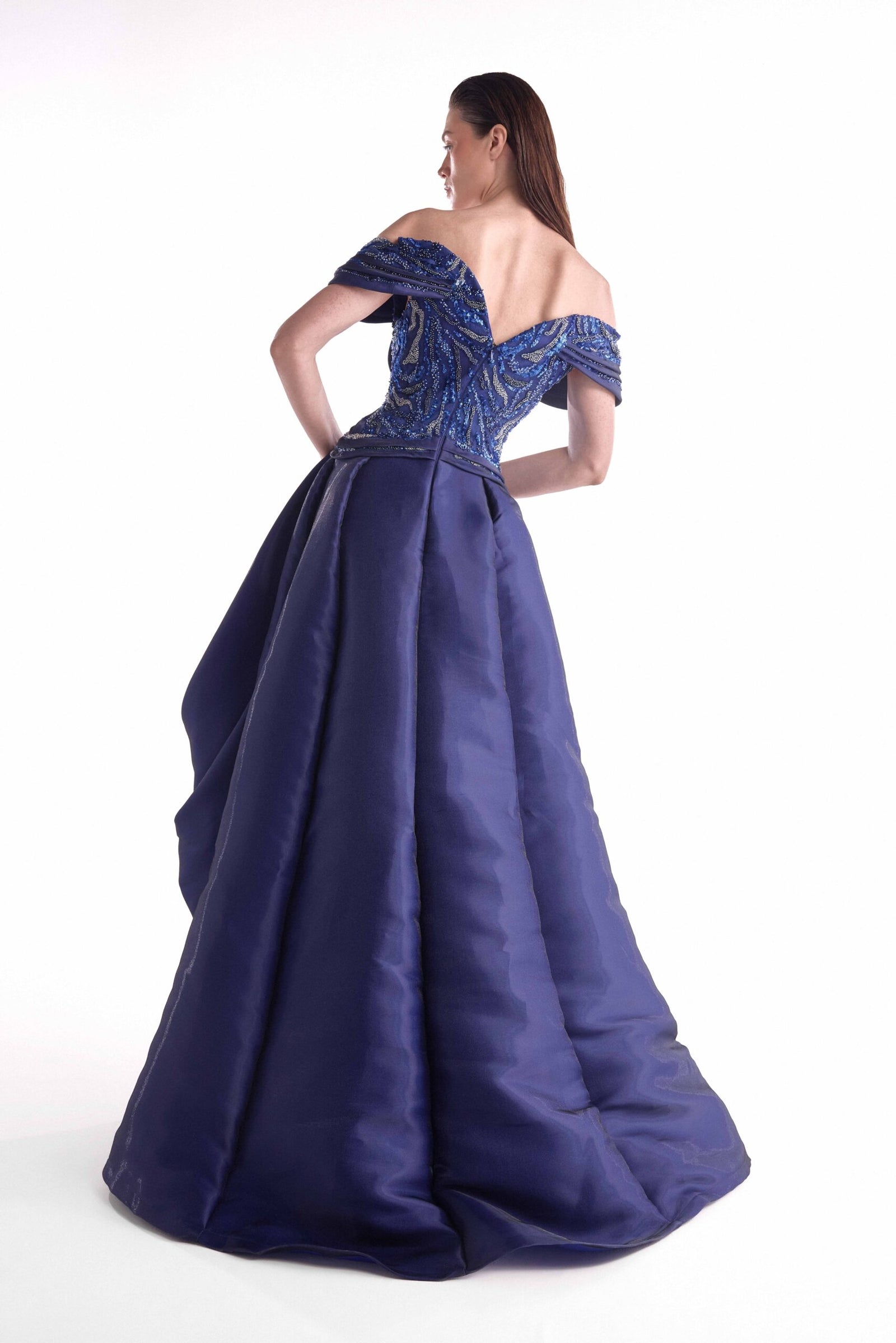 Off-the-Shoulder Floor-Length Satin Formal Ball Gown MNM Couture G2147
