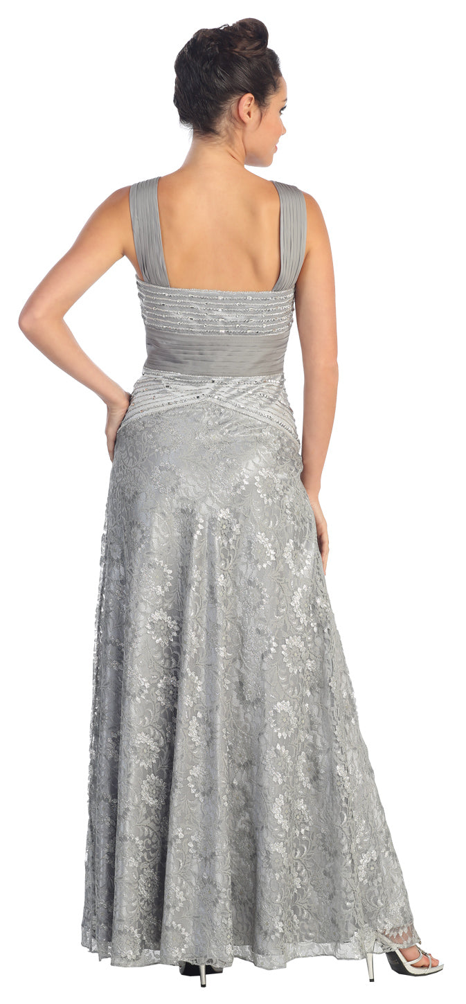 Long Formal Daisy Pattern Lace Prom Dress - The Dress Outlet Elizabeth K Silver
