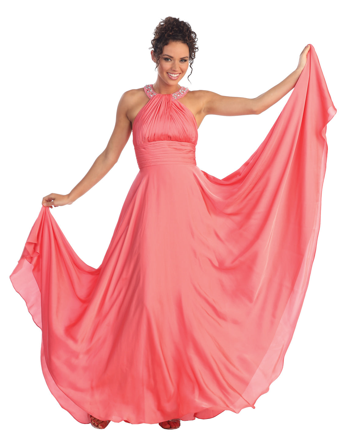 GLS Flowey Long Prom Dress in Teal - Xs - Halter Neckline with Crystal Beadings
