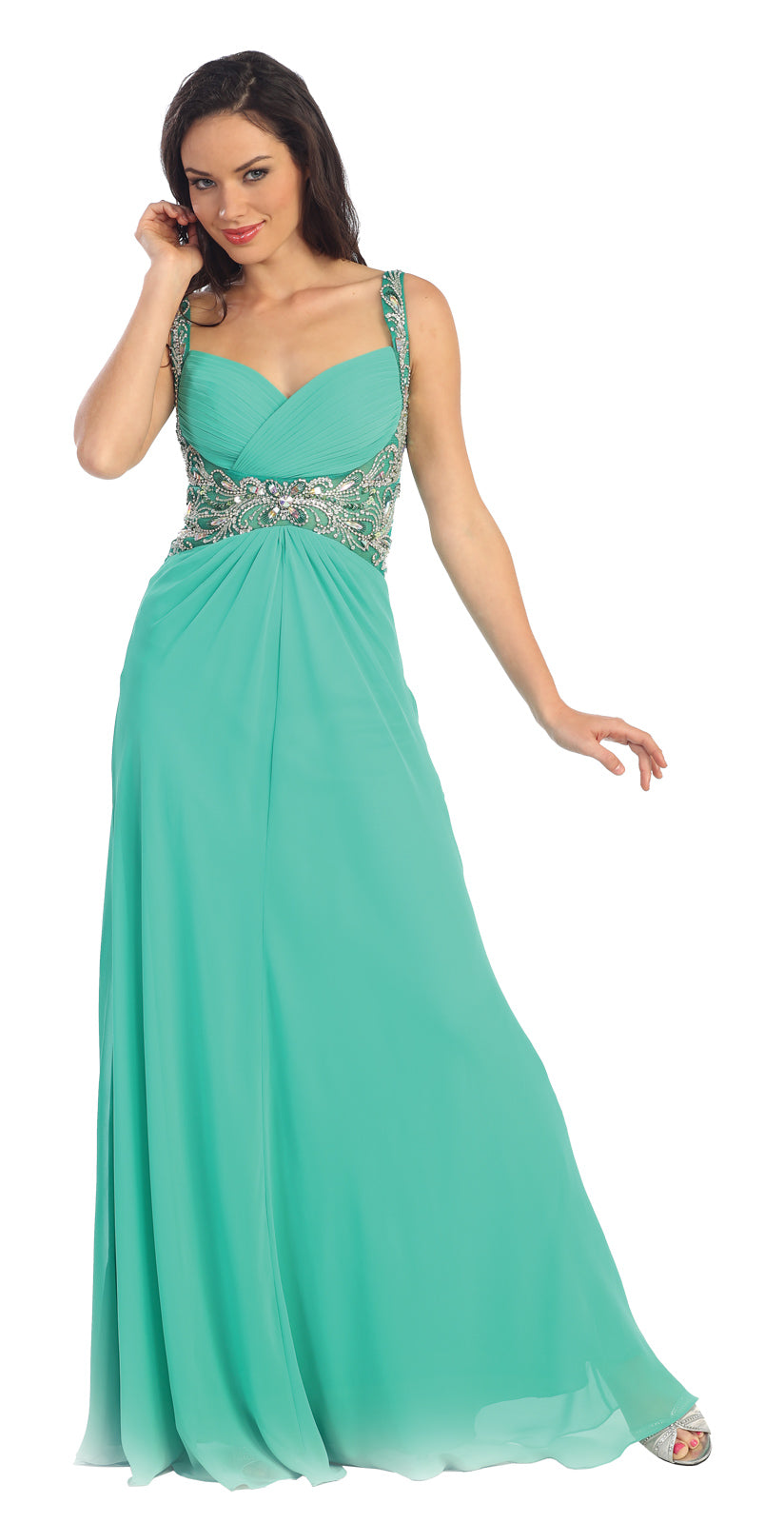 Jewel Embellished Chiffon Long Prom Dress Formal - The Dress Outlet Elizabeth K GREEN