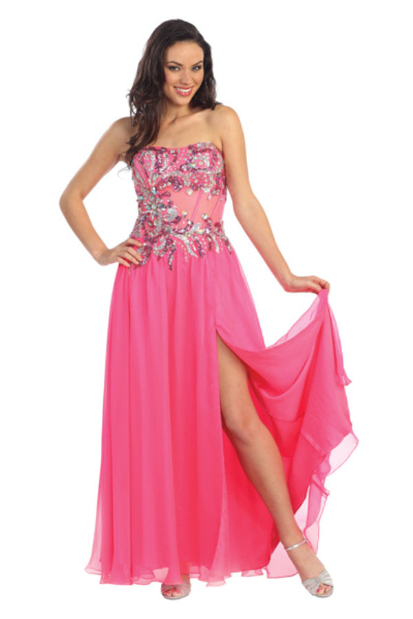 Prom Long Strapless Chiffon Dress Evening Gown - The Dress Outlet Elizabeth K Pink