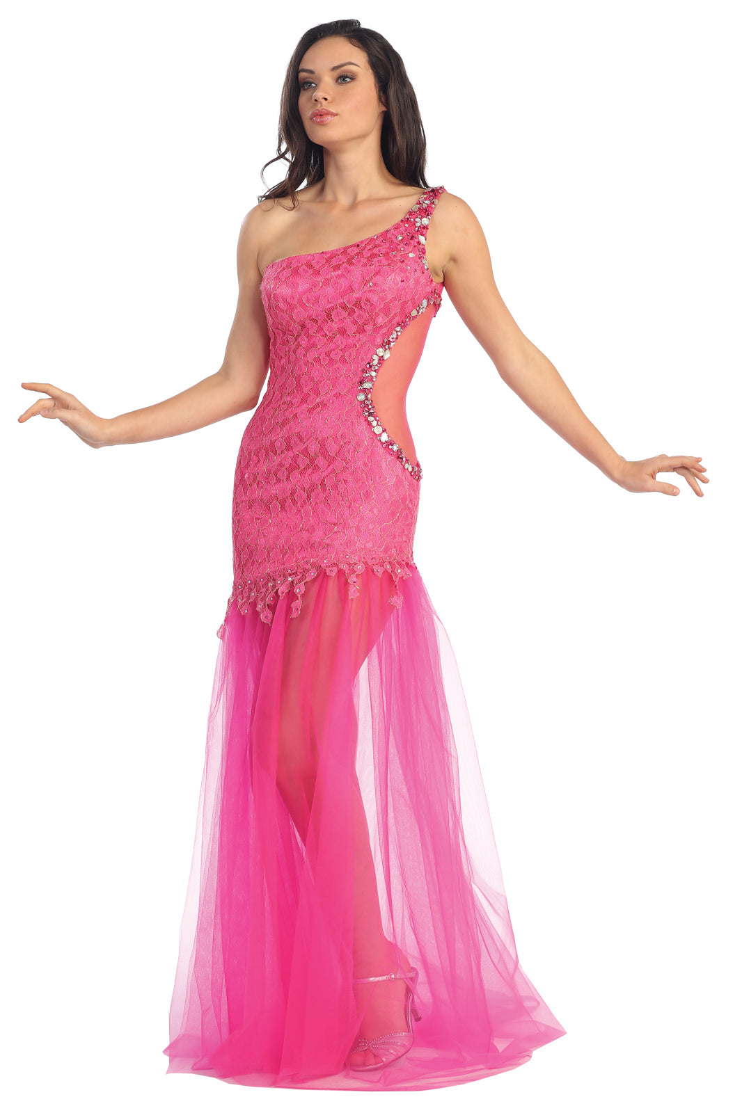 Prom Long One Shoulder Side Out Formal Dress - The Dress Outlet Elizabeth K FUCHSIA