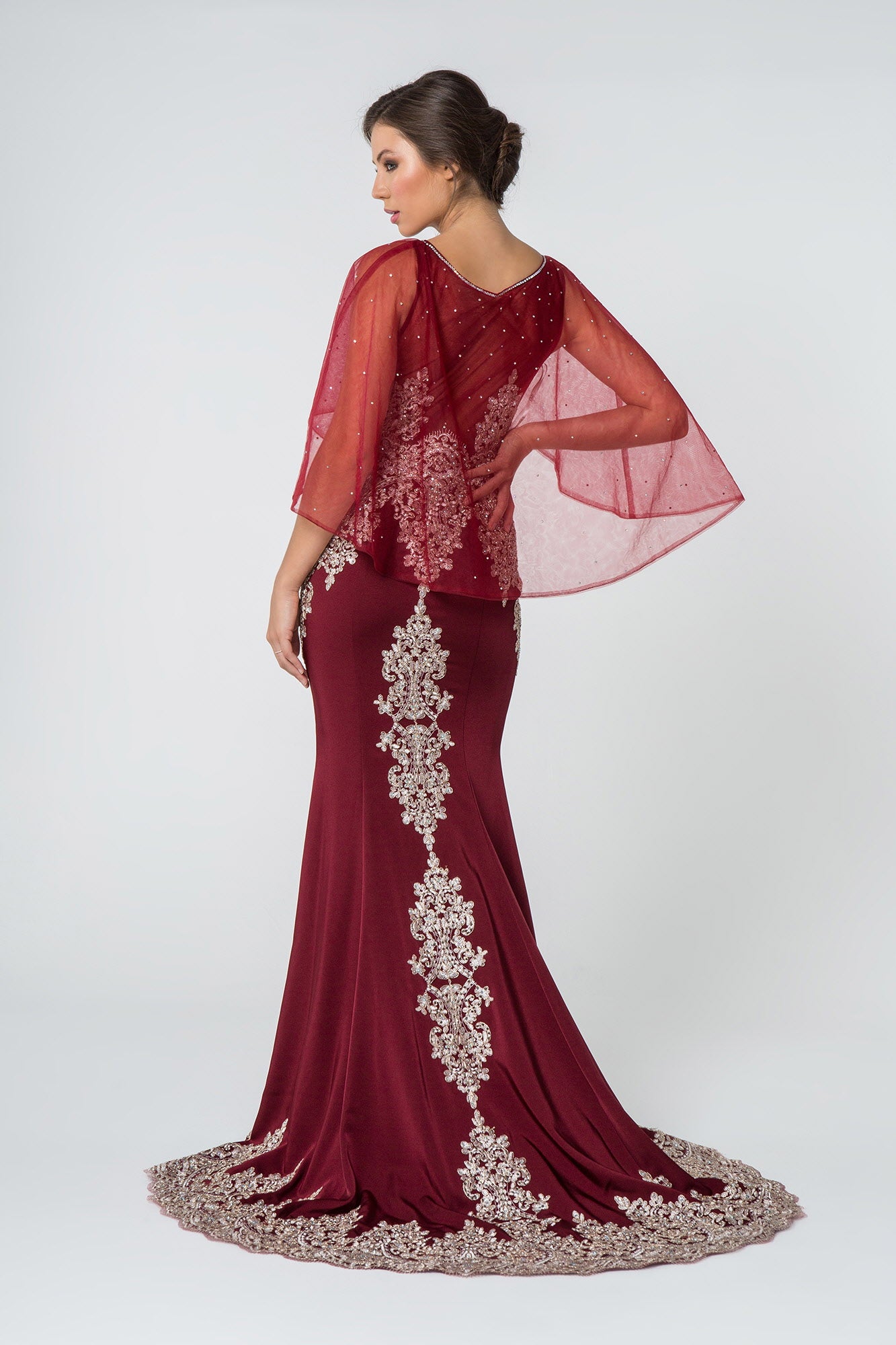 Long Formal Dress Evening Gown Cape Sleeves - The Dress Outlet Elizabeth K Burgundy