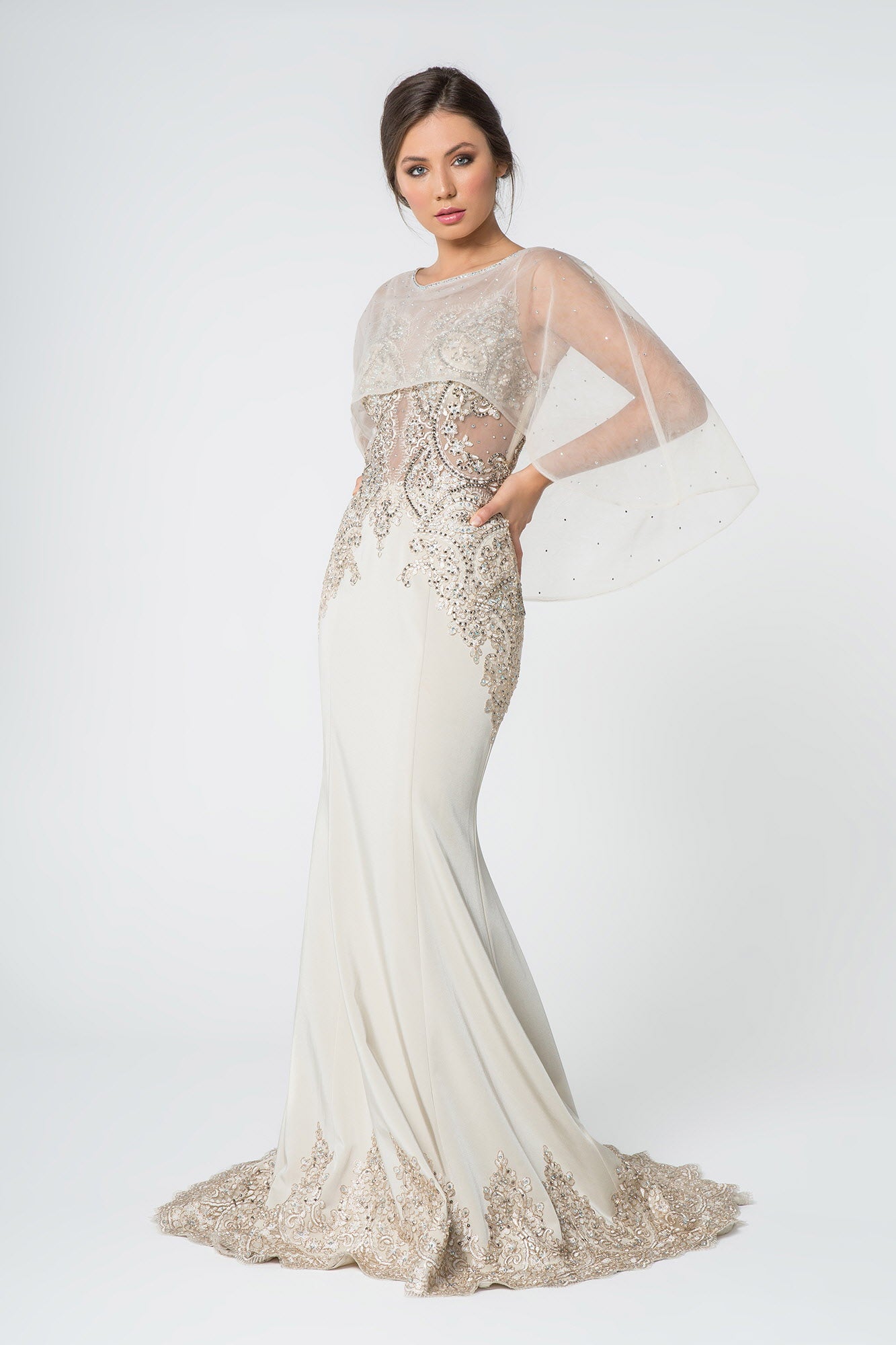 Long Formal Dress Evening Gown Cape Sleeves - The Dress Outlet Elizabeth K Champagne