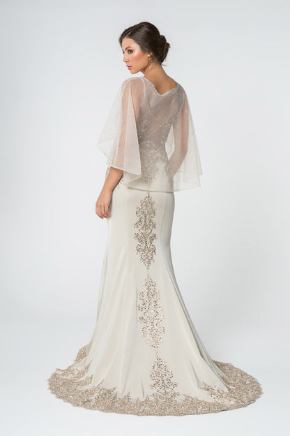 Long Formal Dress Evening Gown Cape Sleeves - The Dress Outlet Elizabeth K Champagne