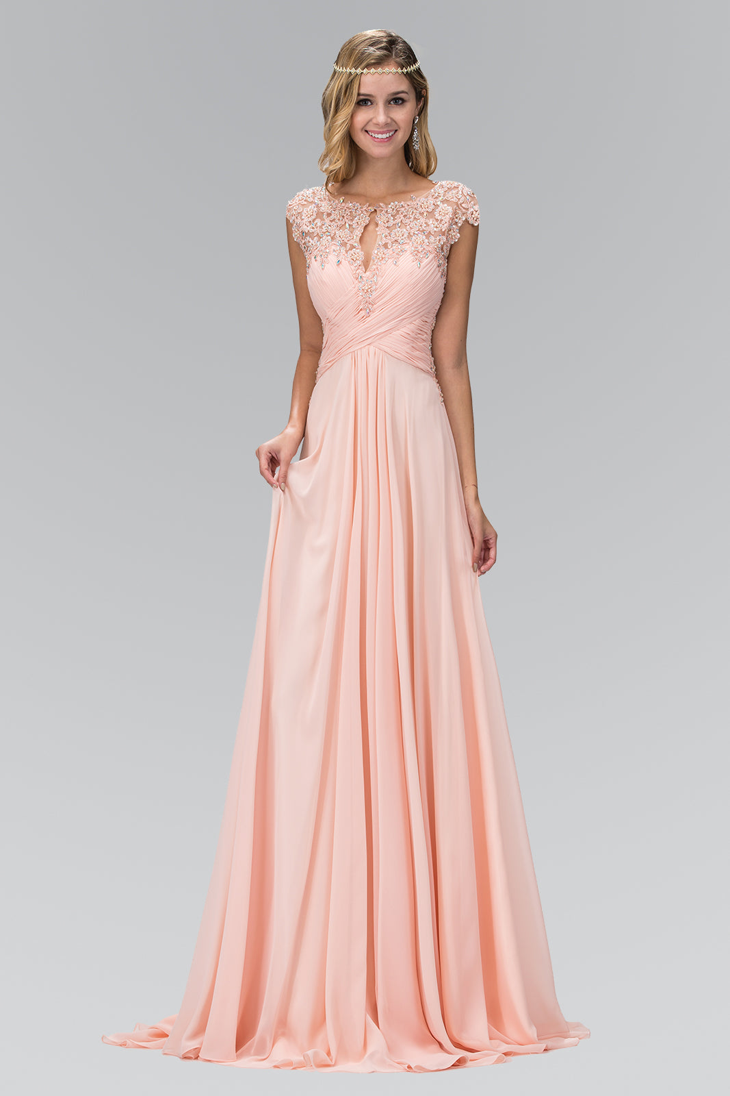 Long Formal Cap Sleeve Ruched Bodice Prom Dress - The Dress Outlet Elizabeth K Peach