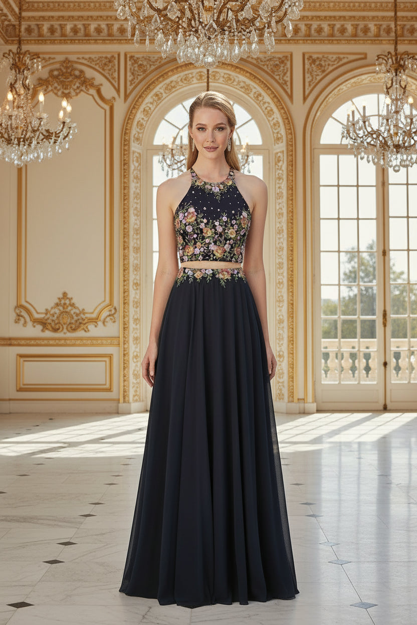 High-Neck Mock Two-Piece Long Prom Dress Formal - The Dress Outlet Elizabeth K Navy