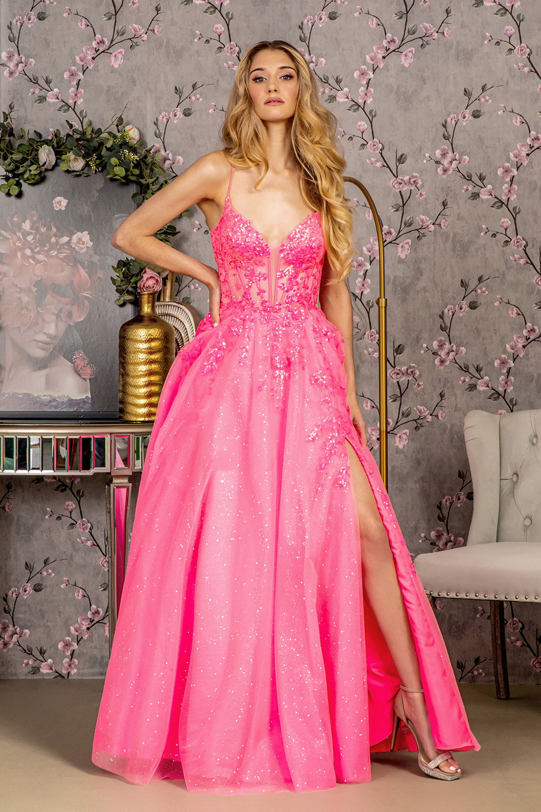 Long Glitter Sequin Formal Prom A Line Dress - Hot Pink / 2XL Long Glitter Sequin Formal Prom A Line Dress - Hot Pink / 2XL