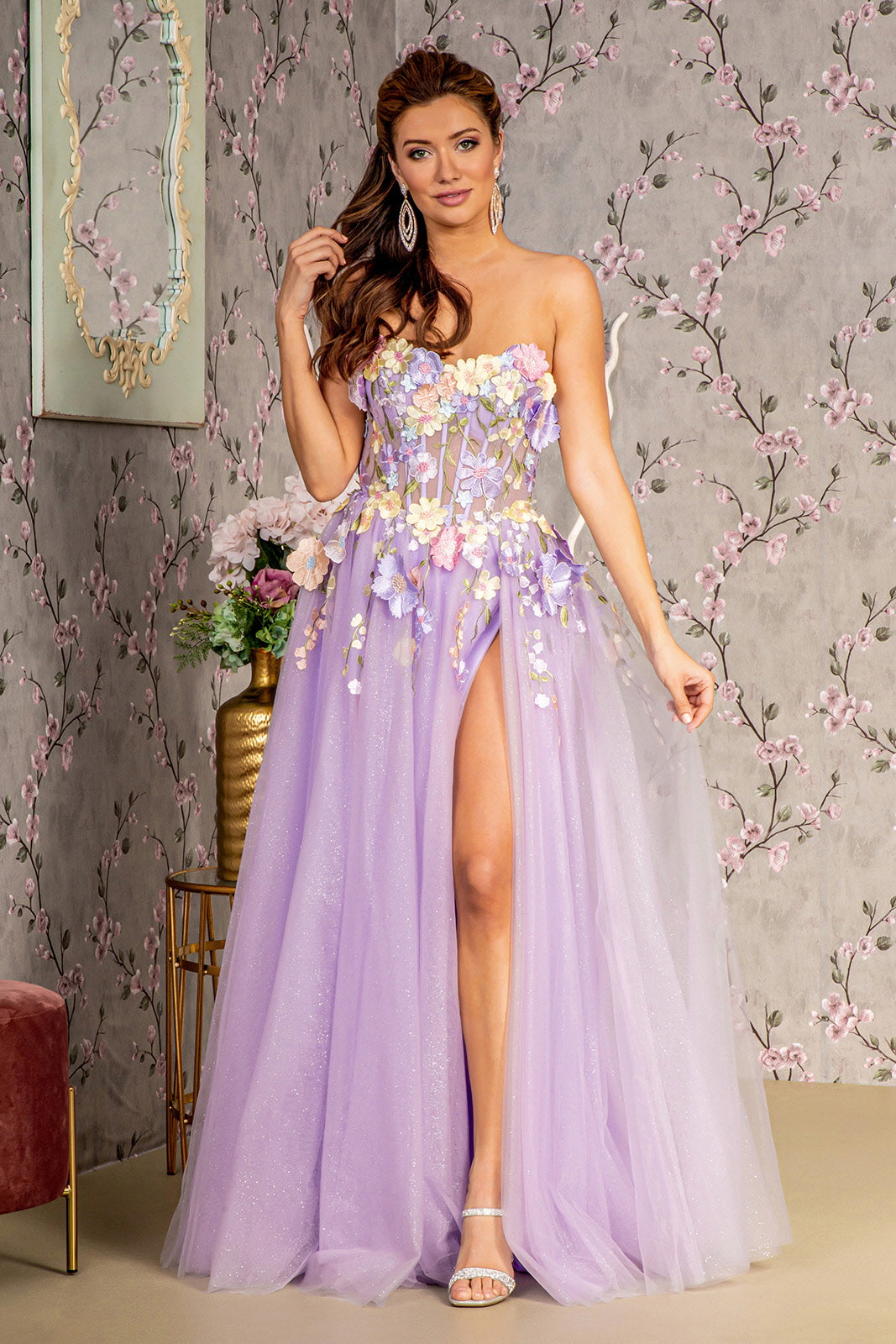 Lavender Glitter Detachable Sleeves Formal Long Prom Dress Prom