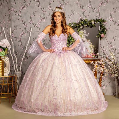 Quinceniera Dresses Jewel Sequin Detachable Long Sleeves Quinceanera  Ball Gown Lilac/Champagne