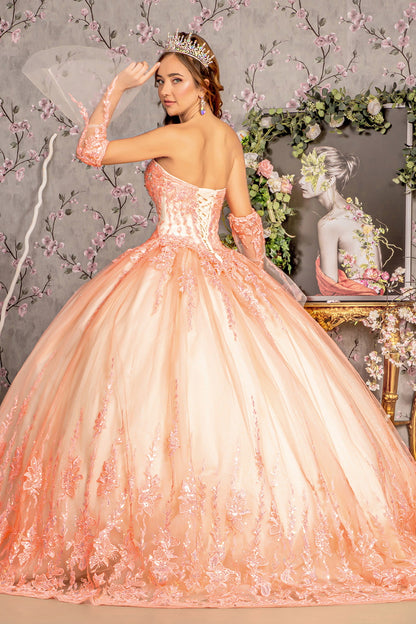 Quinceniera Detachable Long Sleeves Sequin Quinceanera Ball Gown Orange/Champagne