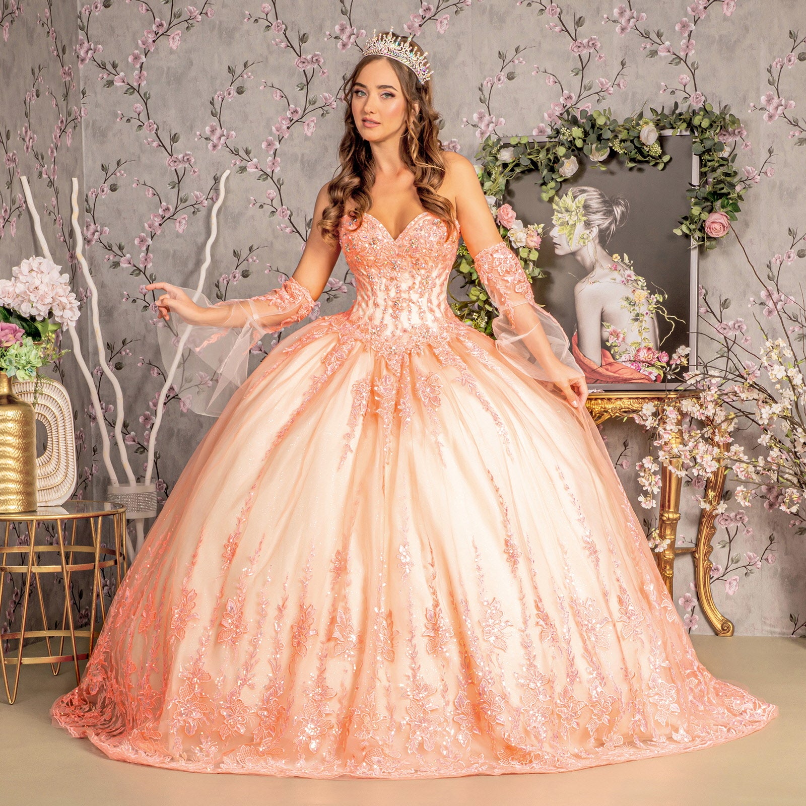 Quinceniera Detachable Long Sleeves Sequin Quinceanera Ball Gown Orange/Champagne