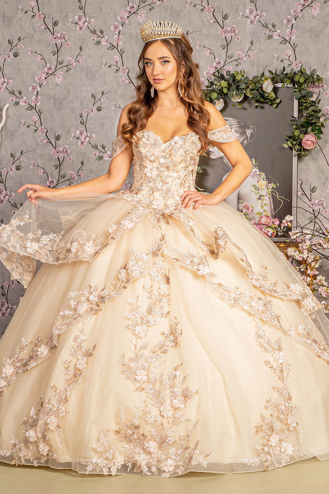 Long Bal Gown Sequin Quinceanera Dress - Champagne / L Long Bal Gown Sequin Quinceanera Dress - Champagne / L