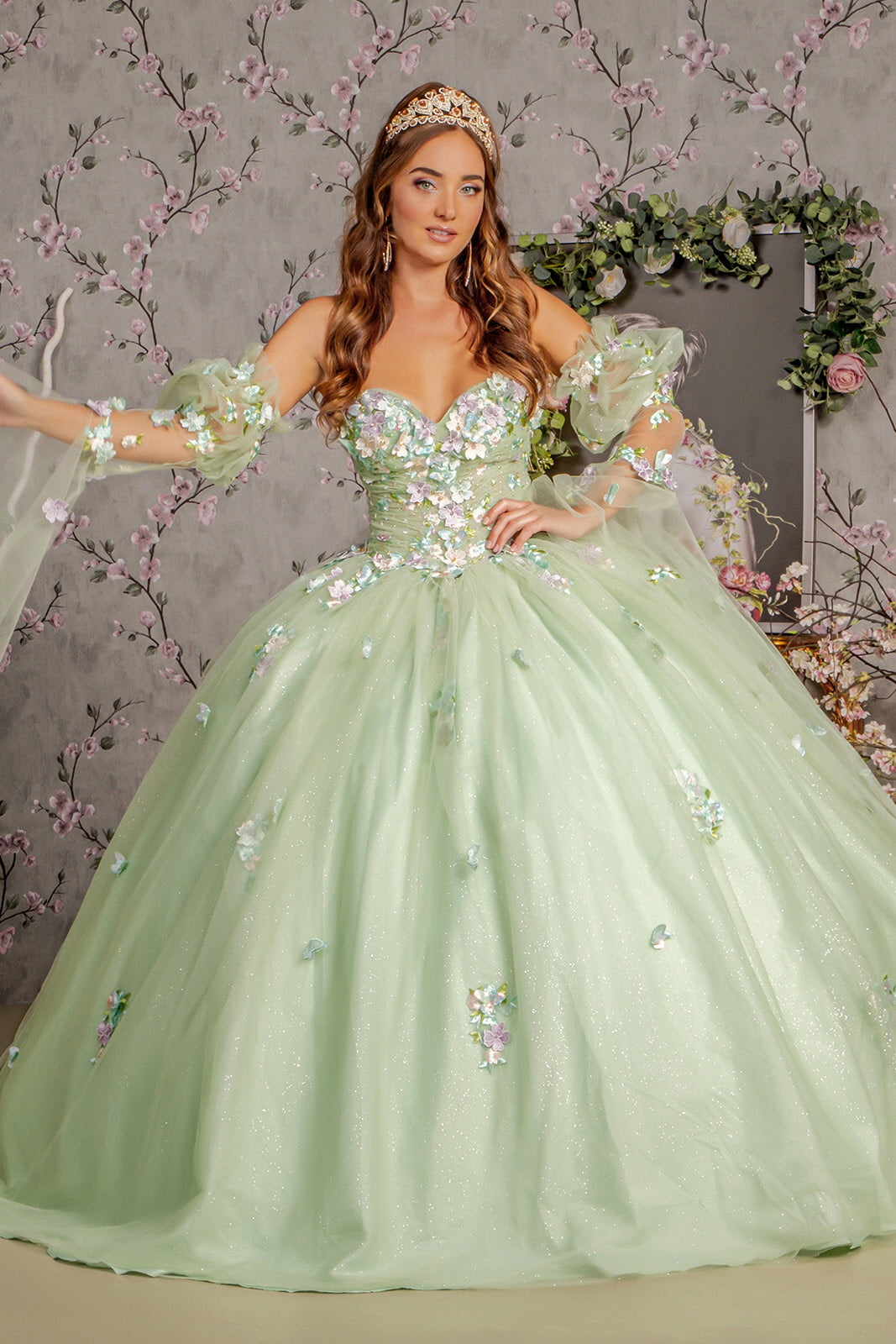 Long Quinceanera Dress 3D Flower Ball Gown - Sage / M Long Quinceanera Dress 3D Flower Ball Gown - Sage / M